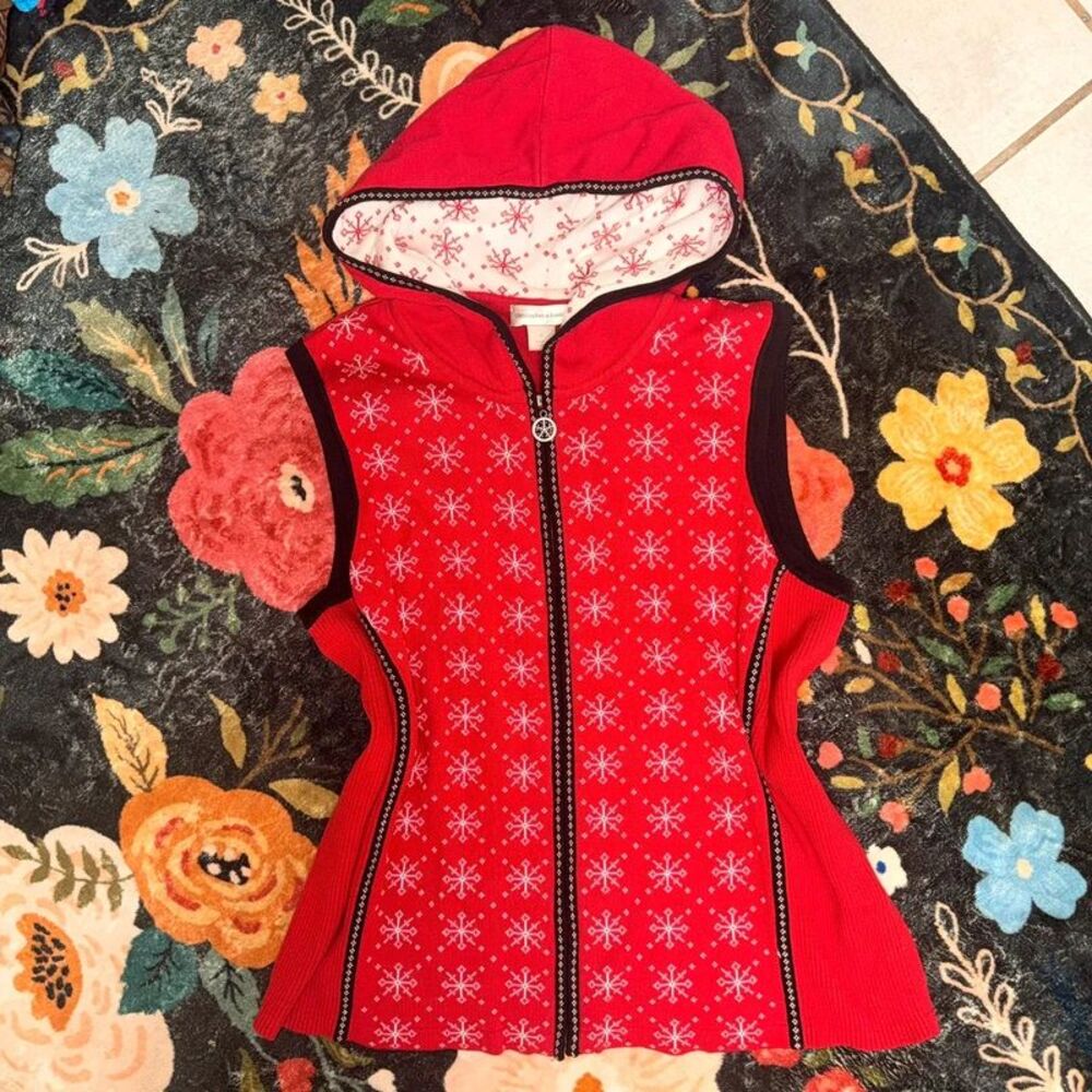 Vintage Christopher & Banks Red Snowflake Zip Up Hooded Sweater Vest L